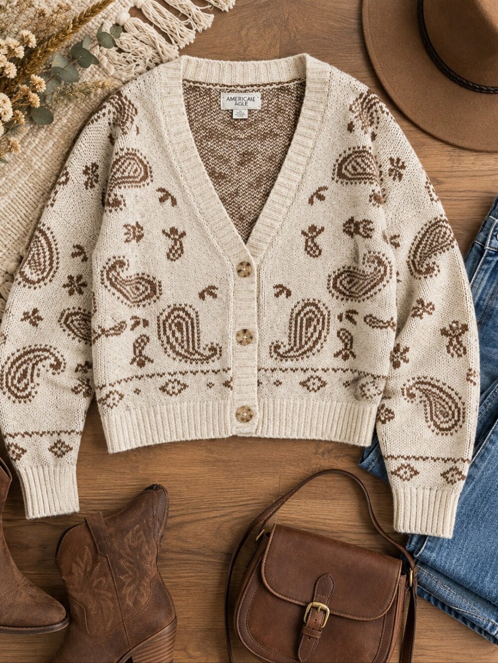 American Eagle Paisley Cardigan Sweater Cream Brown Boho Western Y2K XL
